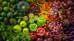 Display of colorful vegetables and fruits