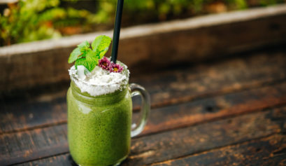 Moringa Smoothie with coconut flakes and mint